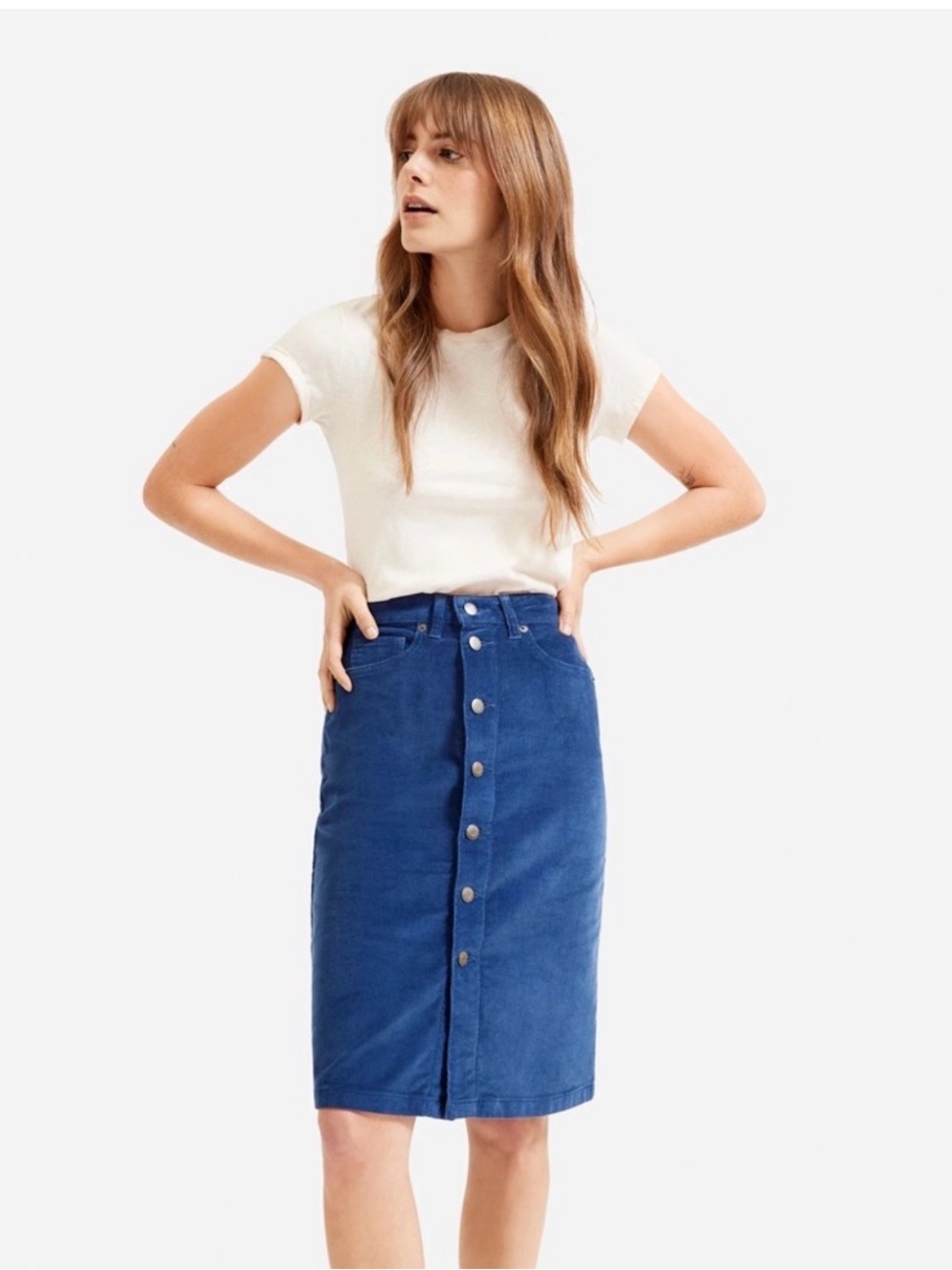 EUC Everlane Button Front Corduroy Skirt Blue Size 27 Midi/ Small💙